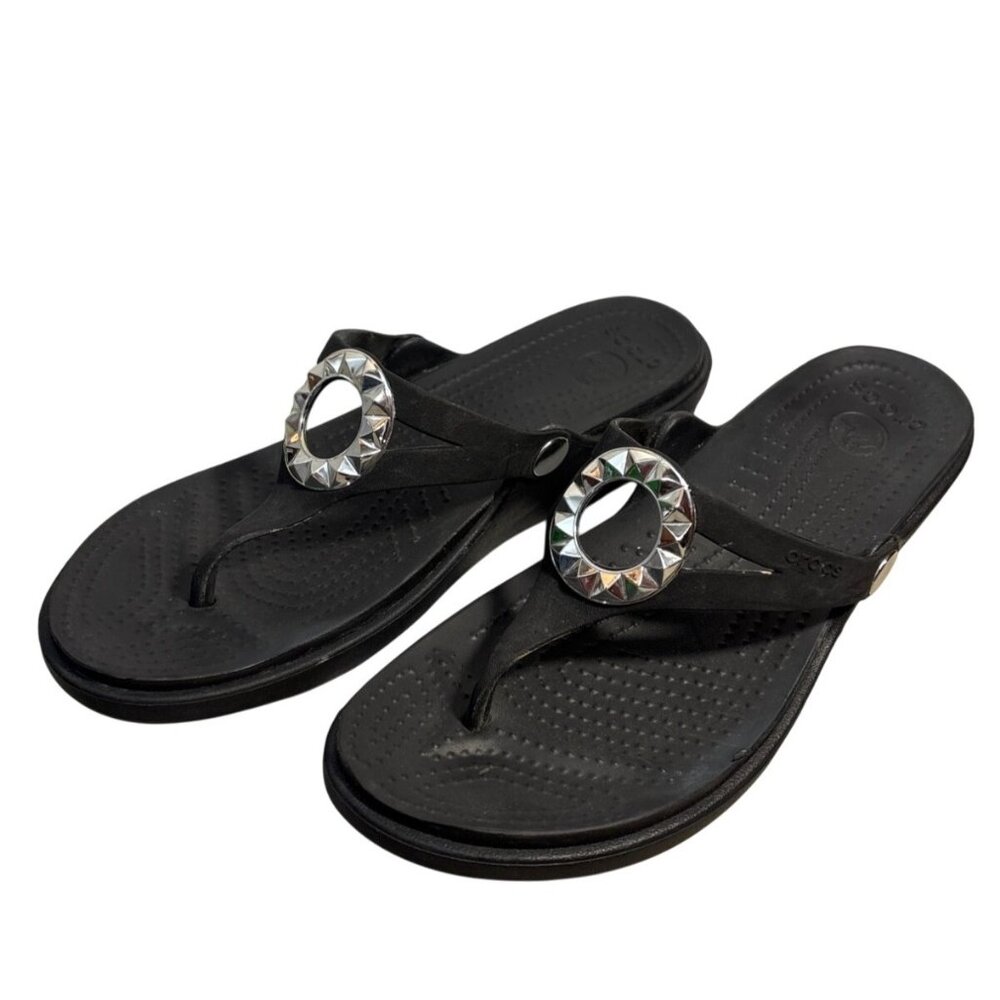 Crocs Black Wedge Sandals With Silver Embellished Rings Womens Size 9